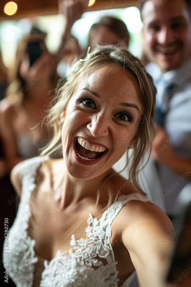 Joyful Bride Taking a Selfie at Wedding Celebration Joyful Bride Taking a Selfie at Wedding Celebration