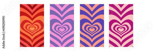 Set of Psychedelic retro neon tunnel in the shape of a heart. Hypnotic rainbow romantic 70s background vertical banner