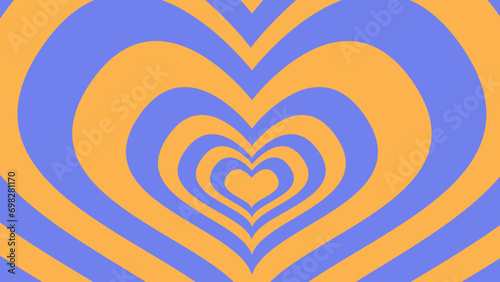 Psychedelic retro neon tunnel in the shape of a heart. Hypnotic rainbow romantic 70s background horizontal banner