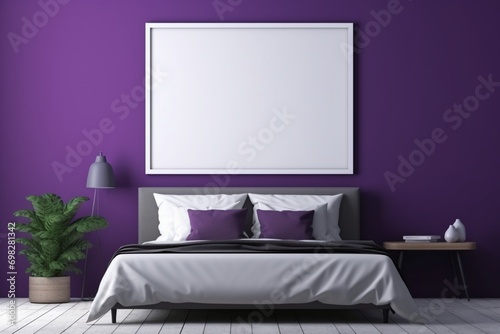 Charcoal black bedroom with an empty mockup frame on the vibrant purple wall. Blank empty mockup frame.