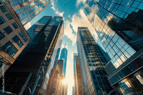 Business district panorama, an expansive urban landscape featuring sleek skyscrapers in a modern business district, providing a sophisticated backdrop with copy space.