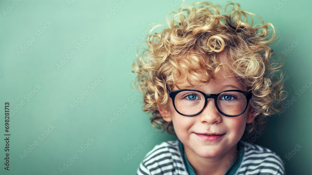 Smart boy with big nerdy glasses smiling on solid green background Smart boy with big nerdy glasses smiling on solid green background