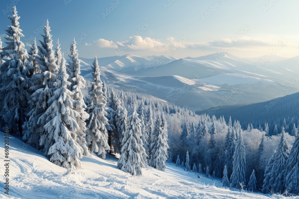 A Snow Covered Mountain With Trees in the Foreground