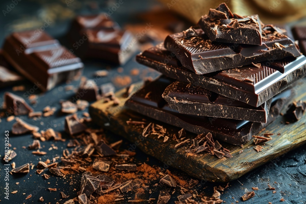A Delicious Stack of Chocolate on a Rustic Wooden Cutting Board A Delicious Stack of Chocolate on a Rustic Wooden Cutting Board