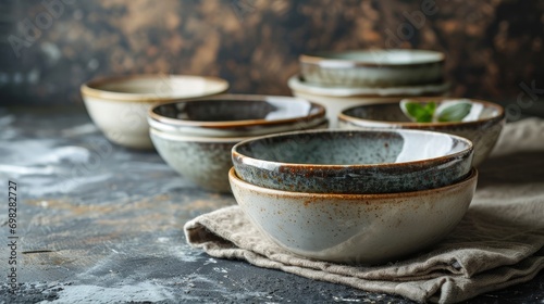 Group of Colorful Ceramic Bowls on Wooden Table