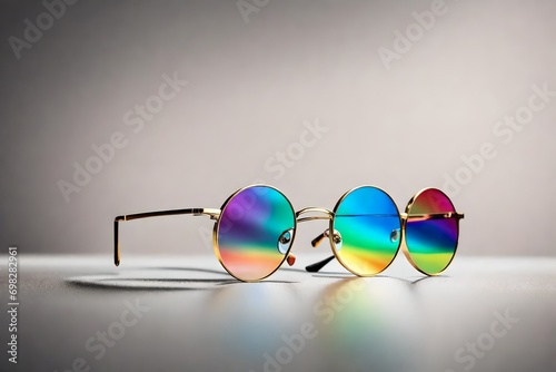 Round shape golden frame eyeglasses with rainbow lenses isolated cutout, symbol of diversity and inclusivity photo