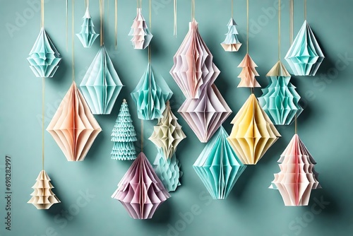 Group of pastel color paper honeycomb Christmas tree ornament decoration isolated cutout on transparent photo