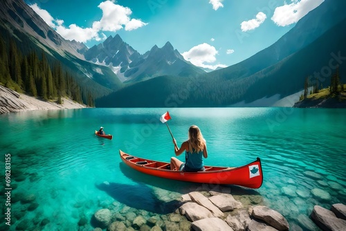 Young girl in a canoe holding canadian flag, surrounded by turqouise lake and mountain
