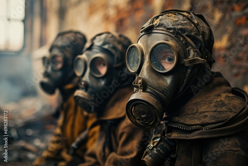 Three Individuals Wearing Gas Masks in an Enclosed Space