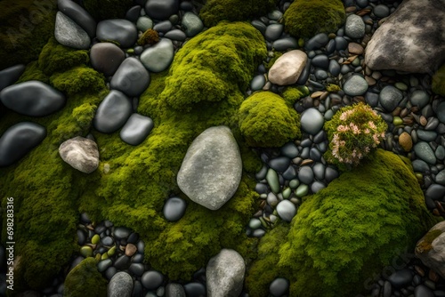 Green moss and rocks natural background for product display photo