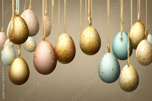 Pastel color golden speckled painted Easter eggs hanging on golden strings isolated cutout on transparent