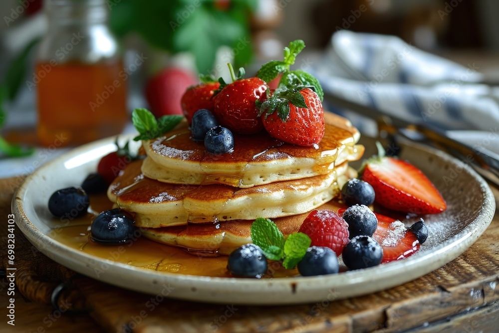 Stack of Fluffy Pancakes with Fresh Berries and Sweet Syrup
