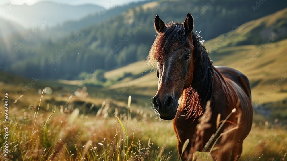 A Majestic Brown Horse Gracefully Standing on a Lush Green Field A Majestic Brown Horse Gracefully Standing on a Lush Green Field