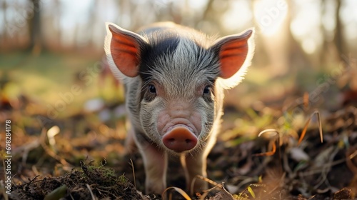 A Small Pig Standing on a Grass Covered Field