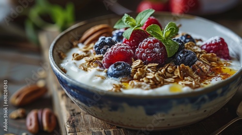 A Delicious Bowl of Yogurt with Fresh Berries and Crunchy Nuts