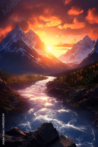 Fényképezés AI generated of a landscape, featuring a mountain range, a tranquil river, and a