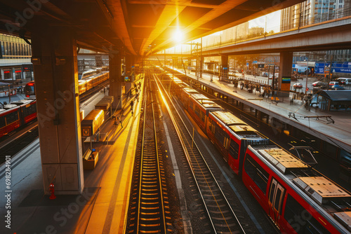 Modern transportation hub, an urban landscape highlighting a busy transportation hub with trains and buses, offering a dynamic scene with copy space for travel-related promotions and advertisements.