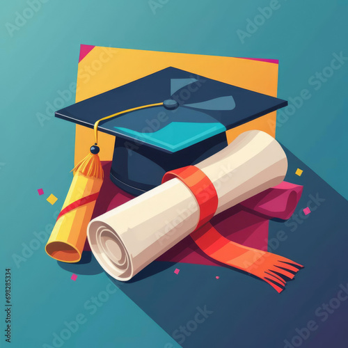 Vibrant Graduation - Digital pop illustration of a graduation cap and diploma with bold and saturated colors. Gen AI