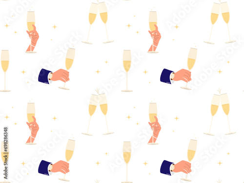 Glass of wine in hand Seamless pattern. Champagne in glass Vector illustration