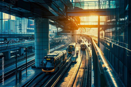 Modern transportation hub, an urban landscape highlighting a busy transportation hub with trains and buses, offering a dynamic scene with copy space for travel-related promotions and advertisements.