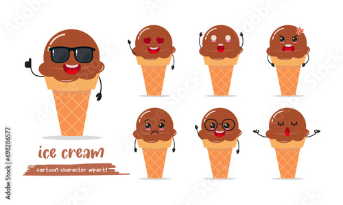 cute chocolate ice cream cartoon with many expressions. gelato character different activity pose vector illustration flat design set with sunglasses.