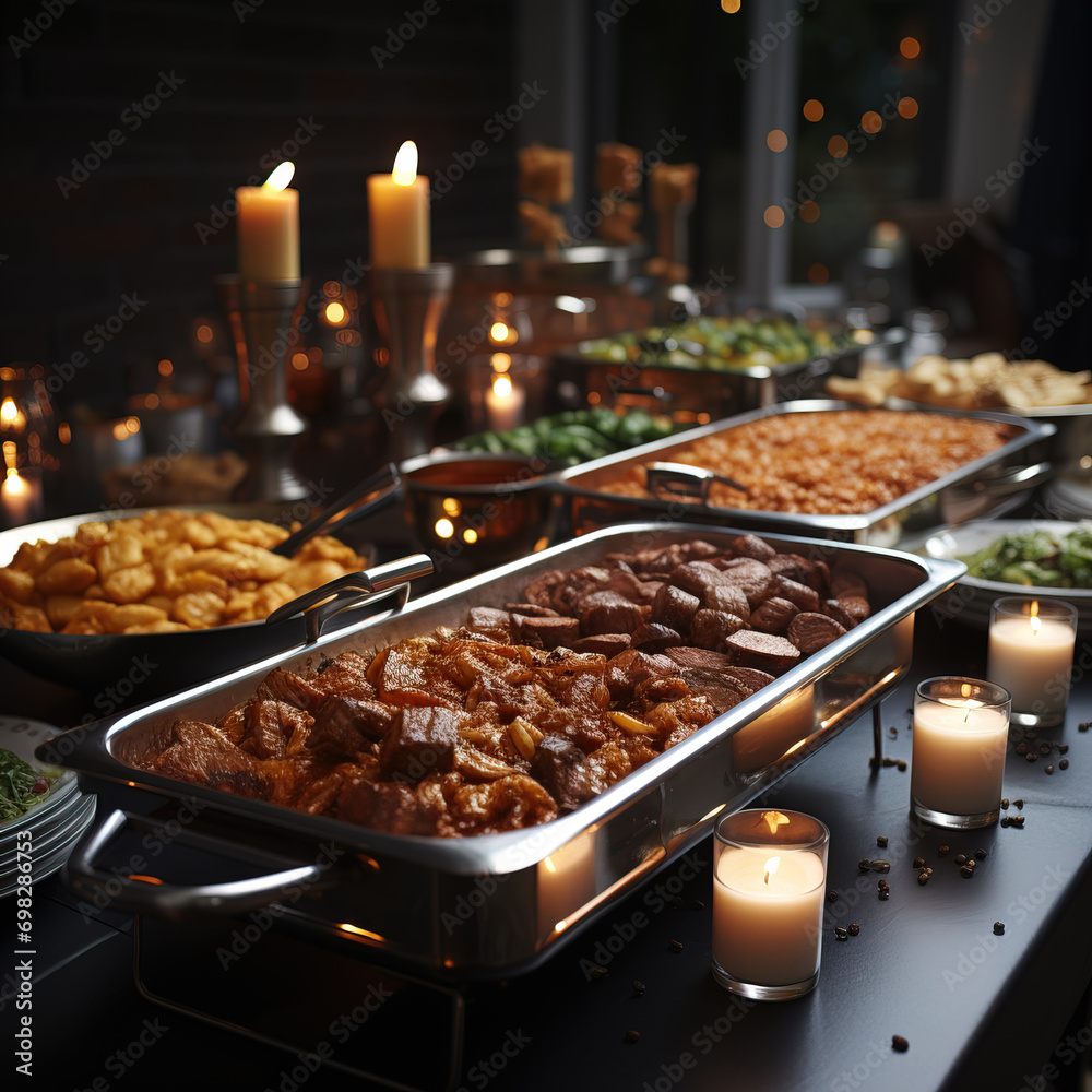 Elegantly arranged evening buffet with lit candles adding a warm, cozy ambiance to a festive dinner party.