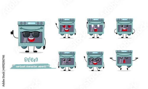 cute oven cartoon with many expressions. home appliance character different activity pose vector illustration flat design set with sunglasses.