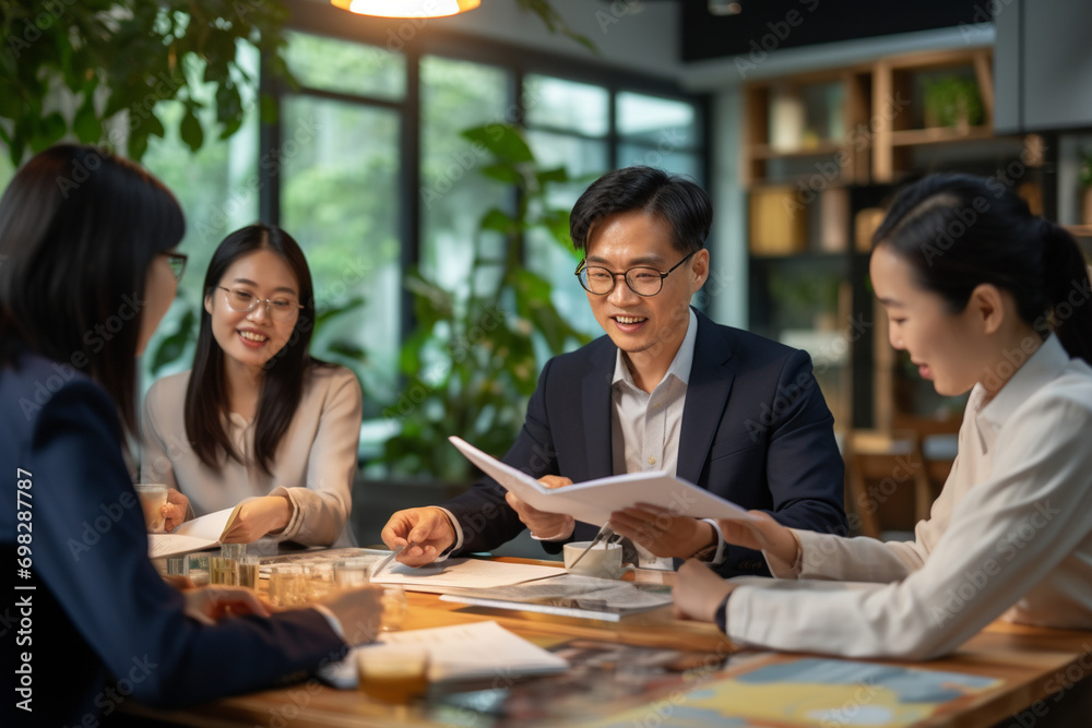 Asian business team working together in office Asian business team working together in office