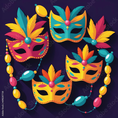 Colorful Carnival - Digital pop illustration of vibrant carnival masks and beads with bold colors. Gen AI