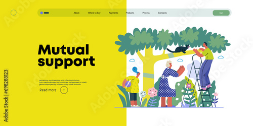 Mutual Support: Rescue cat from tree -modern flat vector concept illustration of elderly woman and man on a ladder under the tree Metaphor of voluntary, collaborative exchanges of resource, services