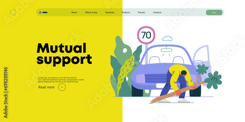 Mutual Support: Clearing an obstacle from the way -modern flat vector concept illustration of a man removing a fallen branch from the road A metaphor of voluntary, collaborative exchanges of services