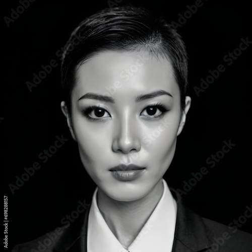 close-up black and white portrait of an East Asian woman with her hair neatly styled. She has prominent, well-defined eyebrows, and her eyes are gazing directly at the camera, giving a strong and focu