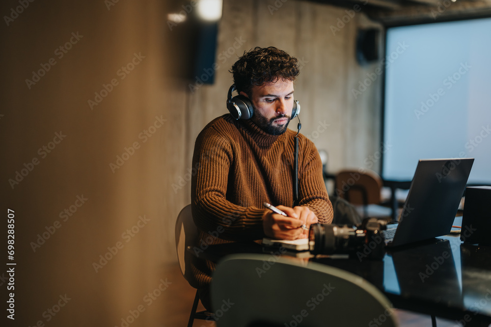Young, skilled businessman having video meeting with client. They are discussing new project as he is writing notes down in a notebook. Young, skilled businessman having video meeting with client. They are discussing new project as he is writing notes down in a notebook.