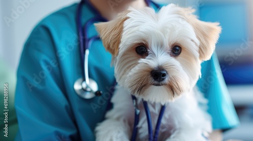 A doctor at a veterinary clinic conducts an appointment and medical examination of a dog, a small fluffy dog, vaccination and taking vitamins, monitoring health