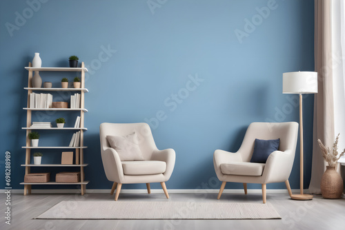 Fabric chair and bookcase against a blue wall. Scandinavian interior design for a modern living room. Patient reception room. photo