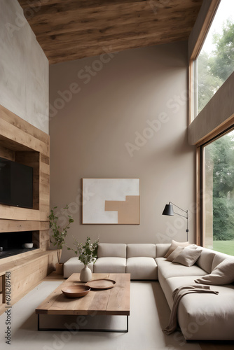 Interior design of a modern living room in Japanese style. Corner sofa made of beige fabric with a coffee table made of barn wood.