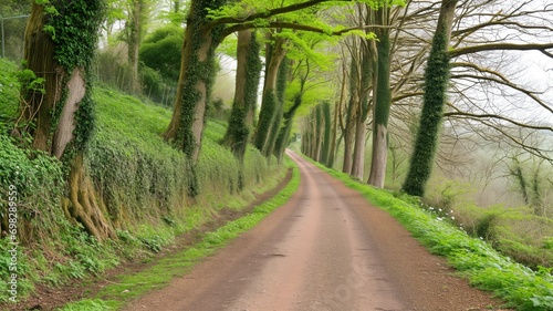 A serene country road lined with lush green trees