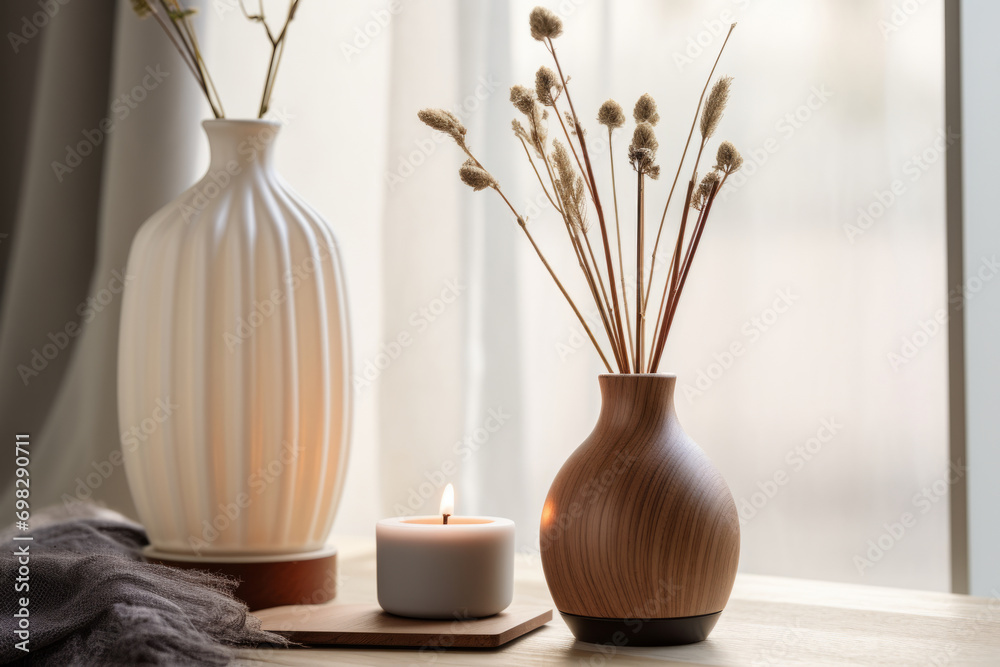 Classical elegance reed diffuser in natural colors. Luxury aroma reed diffuser bottle is used as air freshener. Generative AI Classical elegance reed diffuser in natural colors. Luxury aroma reed diffuser bottle is used as air freshener. Generative AI