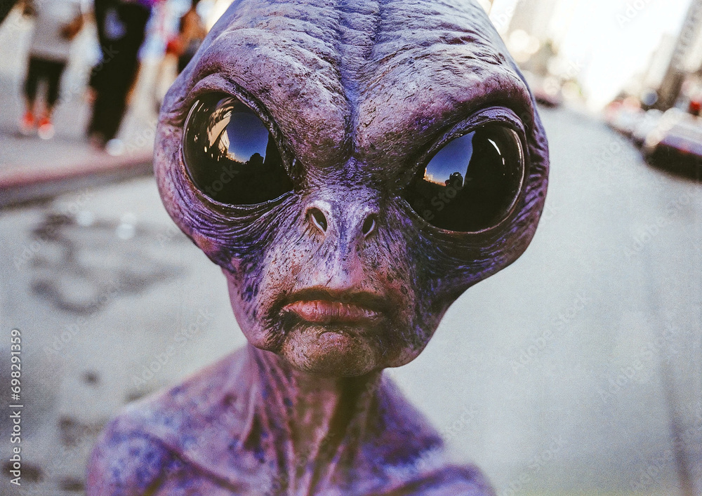 Purple alien with big black eyes, fictional character concept, creepy stare, street photography, candid, detailed skin  - obrazy, fototapety, plakaty 