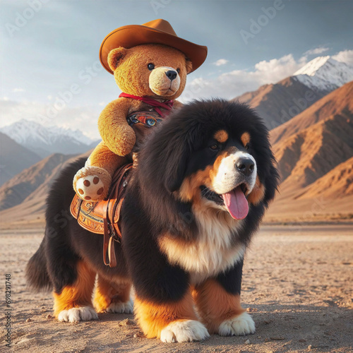 Brown teddy bear in cowboy hat riding large brown and black dog, dog is standing on sandy surface, scene is set against backdrop of mountains photo