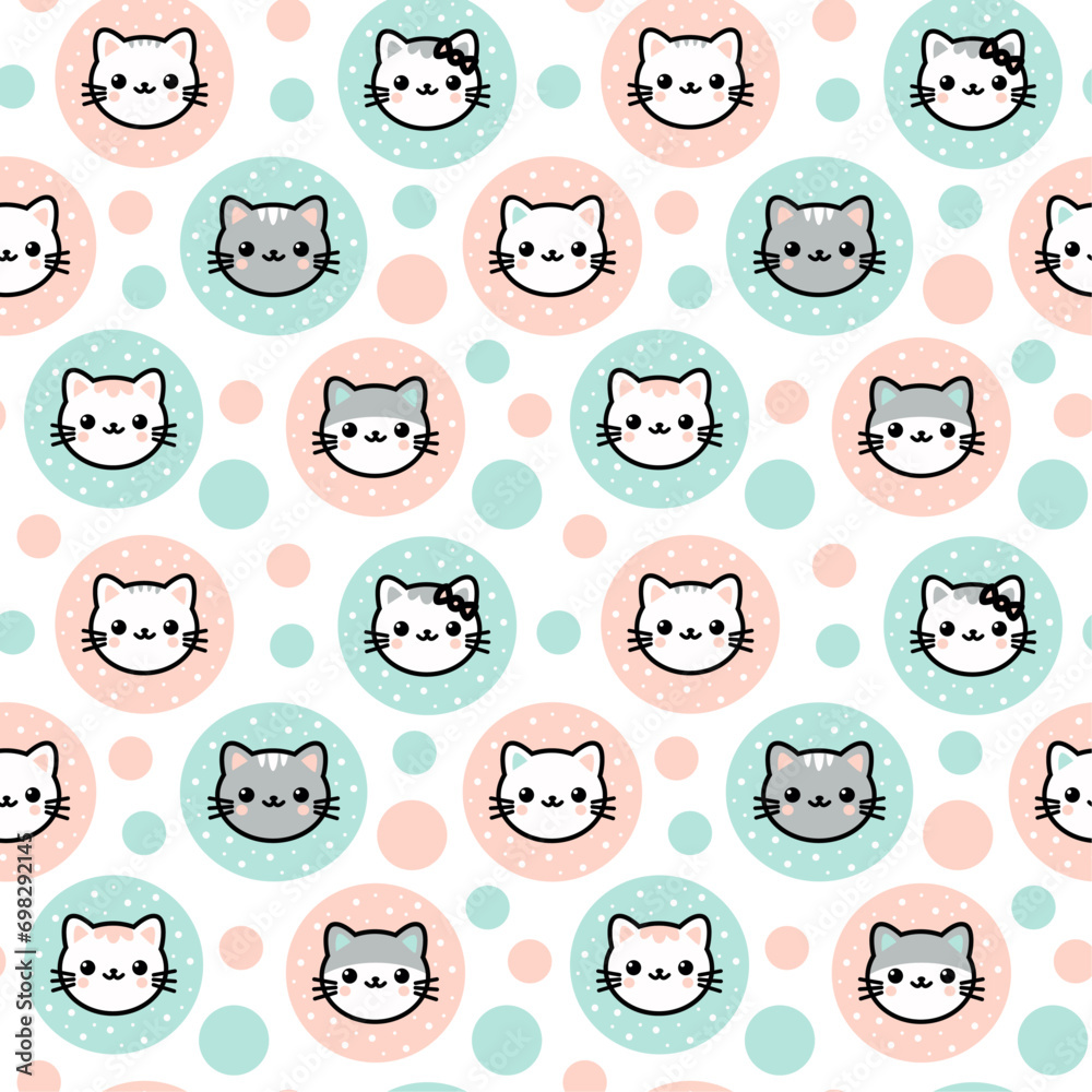 Seamless polka dot pattern, symmetrical pattern of drawn circles, cats, childish Seamless polka dot pattern, symmetrical pattern of drawn circles, cats, childish