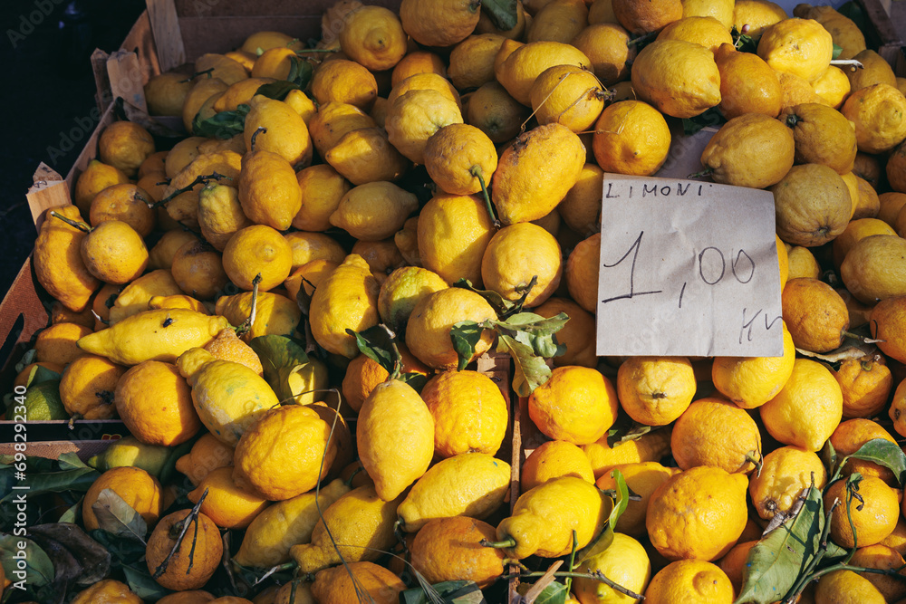 Lemon for sale on food market on Old Town on Catania city on the island of Sicily, Italy