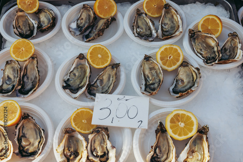 Oyster for sale on La Pescheria fish market in Catania city on the island of Sicily, Italy