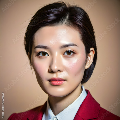 front-facing portrait of an East Asian woman with short black hair, smiling at the camera. She is wearing a blazer over a button-up shirt. Her makeup is natural and her demeanor is both professional 