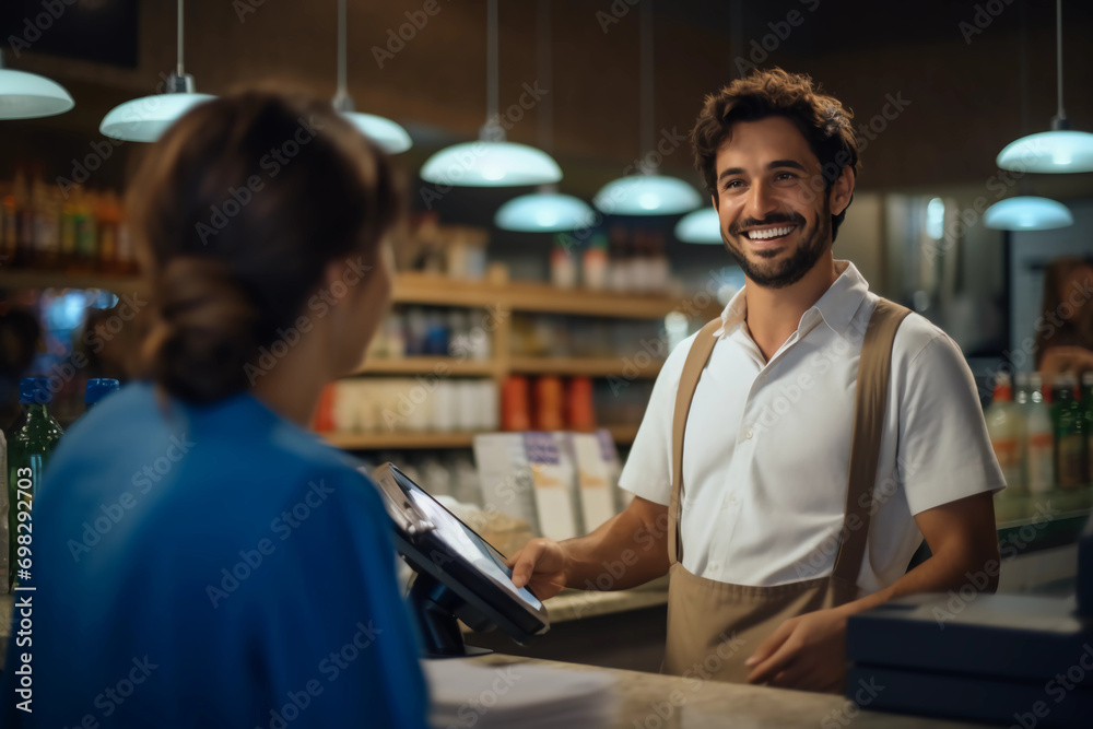man serving cashier man serving cashier