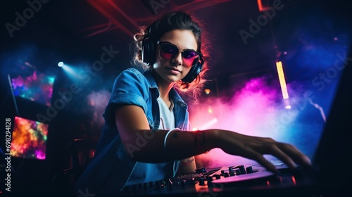 young woman playing DJ at nightclub party lifestyle
