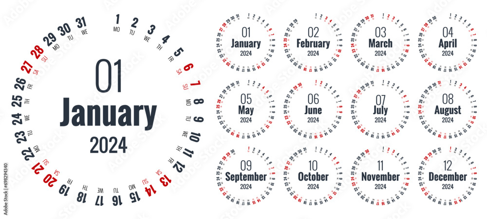 Colorful round calendar 2024 Calendar. Portrait Orientation. Set of 12 Months. Planner for 2024 Year. - obrazy, fototapety, plakaty 