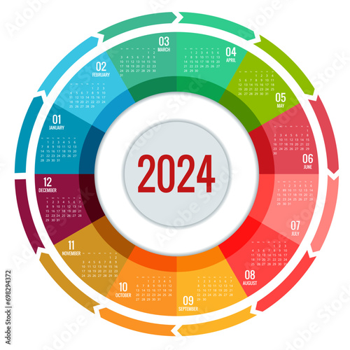 Colorful round calendar 2024 Calendar. Portrait Orientation. Set of 12 Months. Planner for 2024 Year.