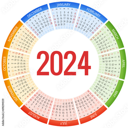 Colorful round calendar 2024 Calendar. Portrait Orientation. Set of 12 Months. Planner for 2024 Year.