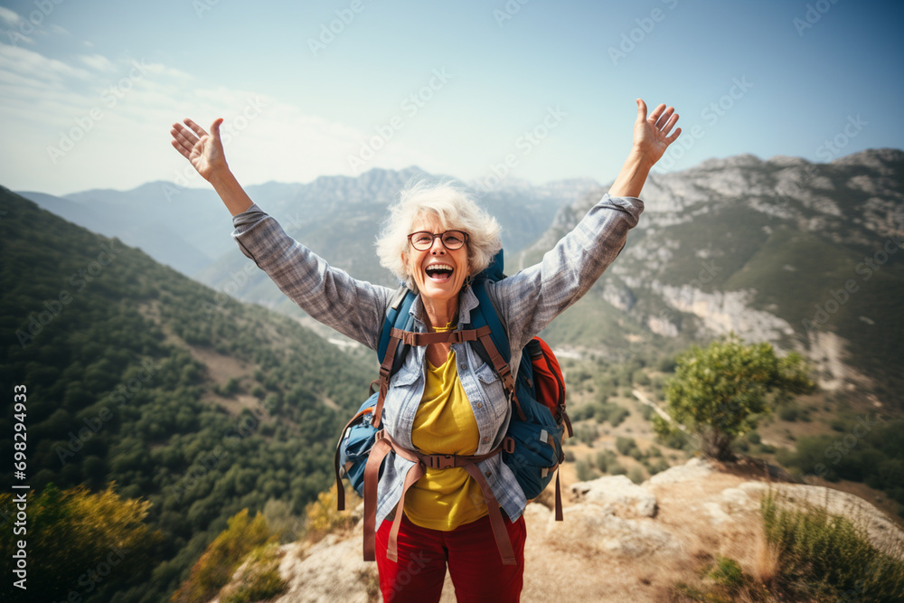 happy smiling senior woman traveling with backpack 